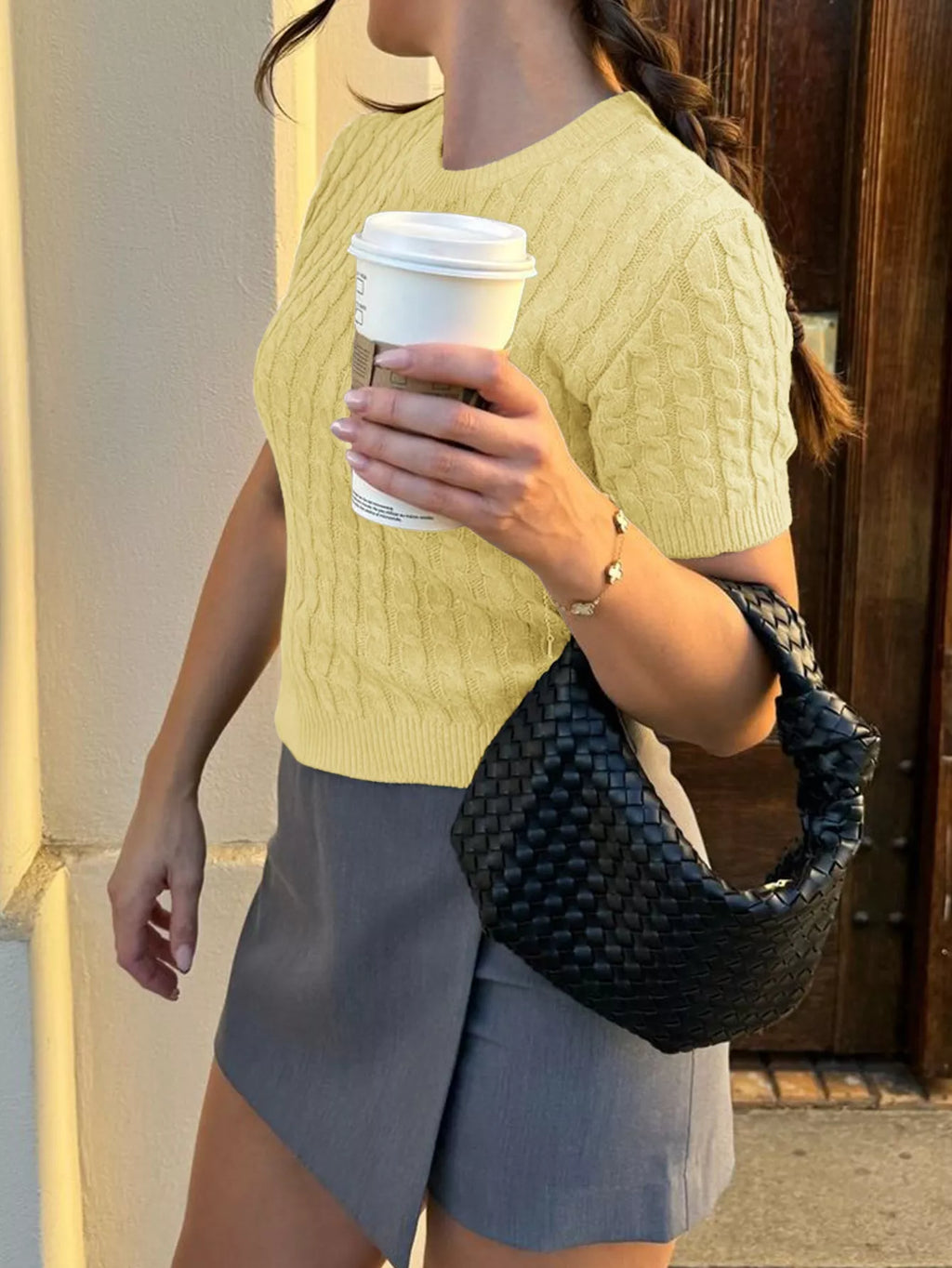 Cable-Knit Short Sleeve Sweater