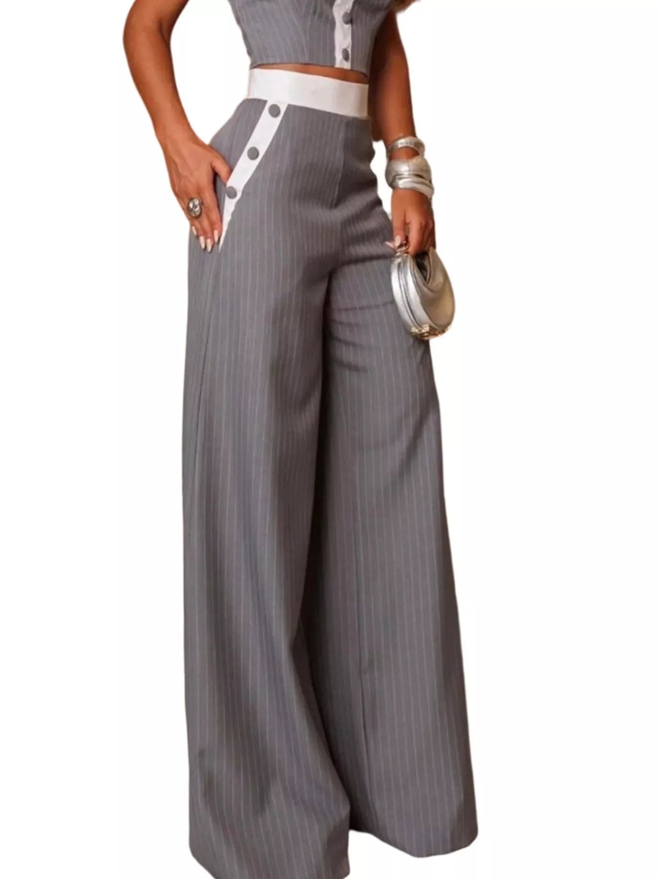 Striped Strapless Crop Top and Wide-Leg Pants Set