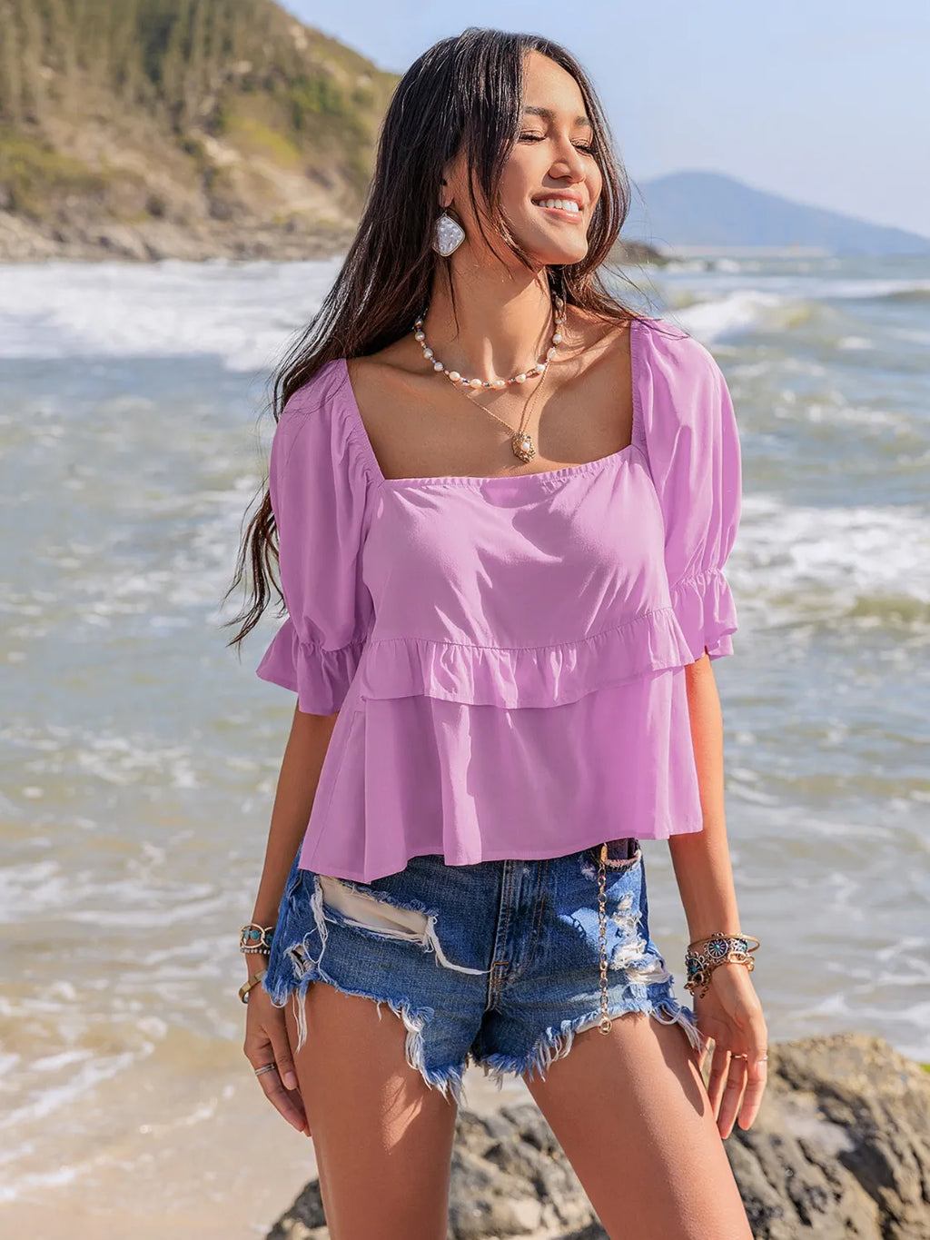 Ruffled Square Neck Half Sleeve Blouse