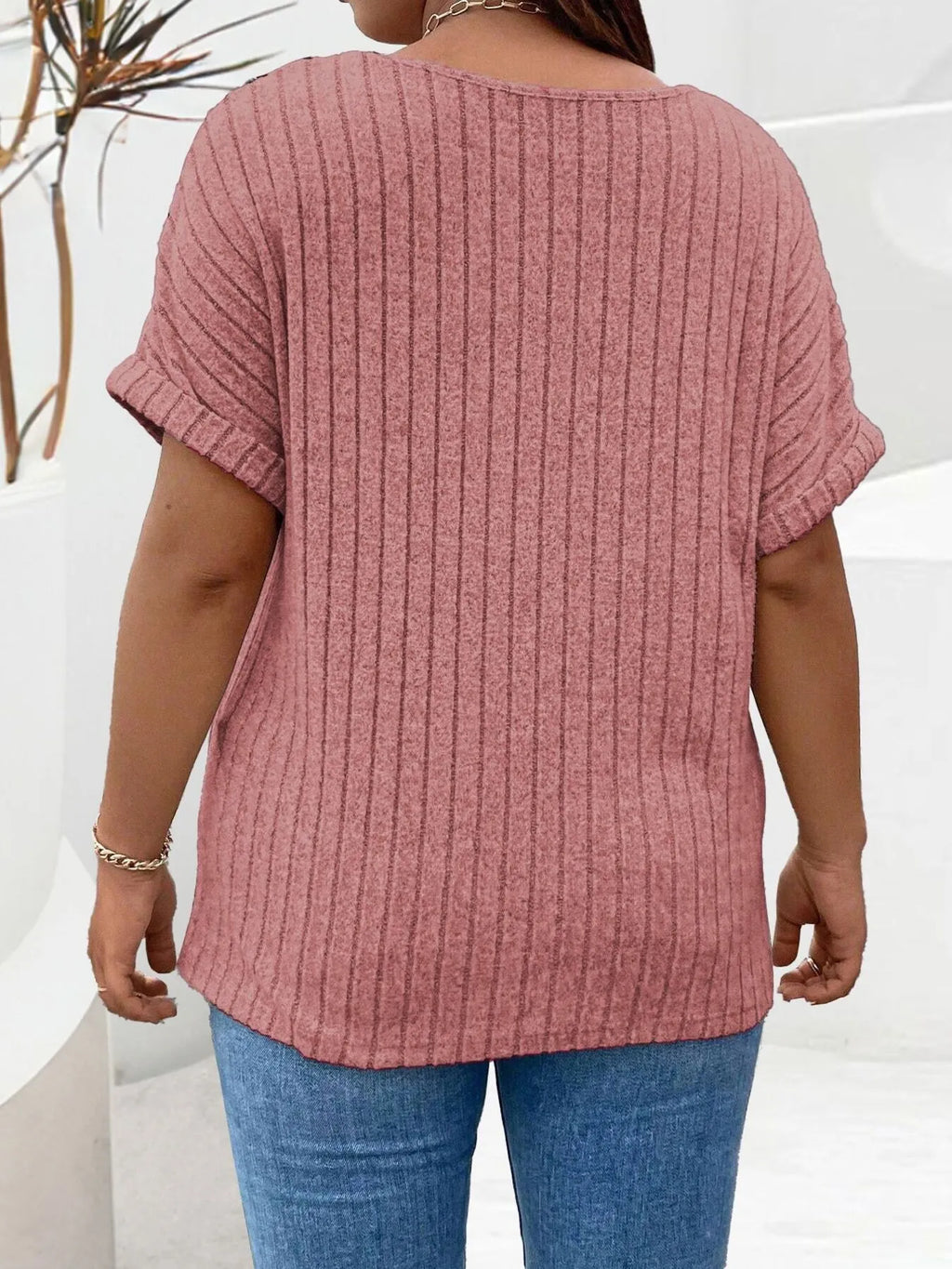 Plus Size Ribbed Half Zip Relaxed Fit T-Shirt