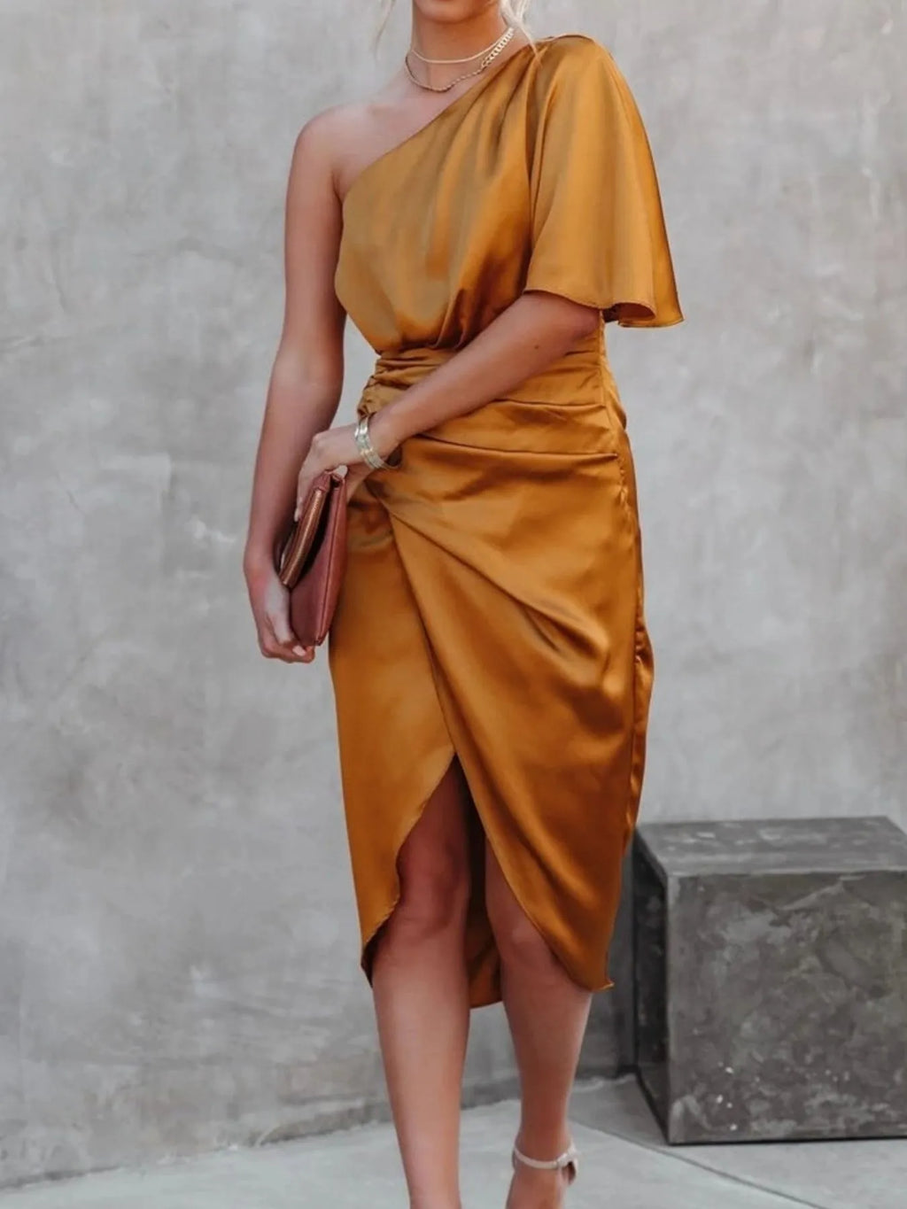 One-Shoulder Satin Wrap Dress with Side Slit