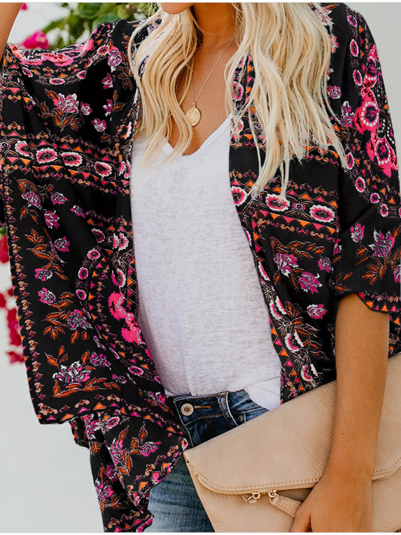 Floral Print Kimono Sleeve Cover Up