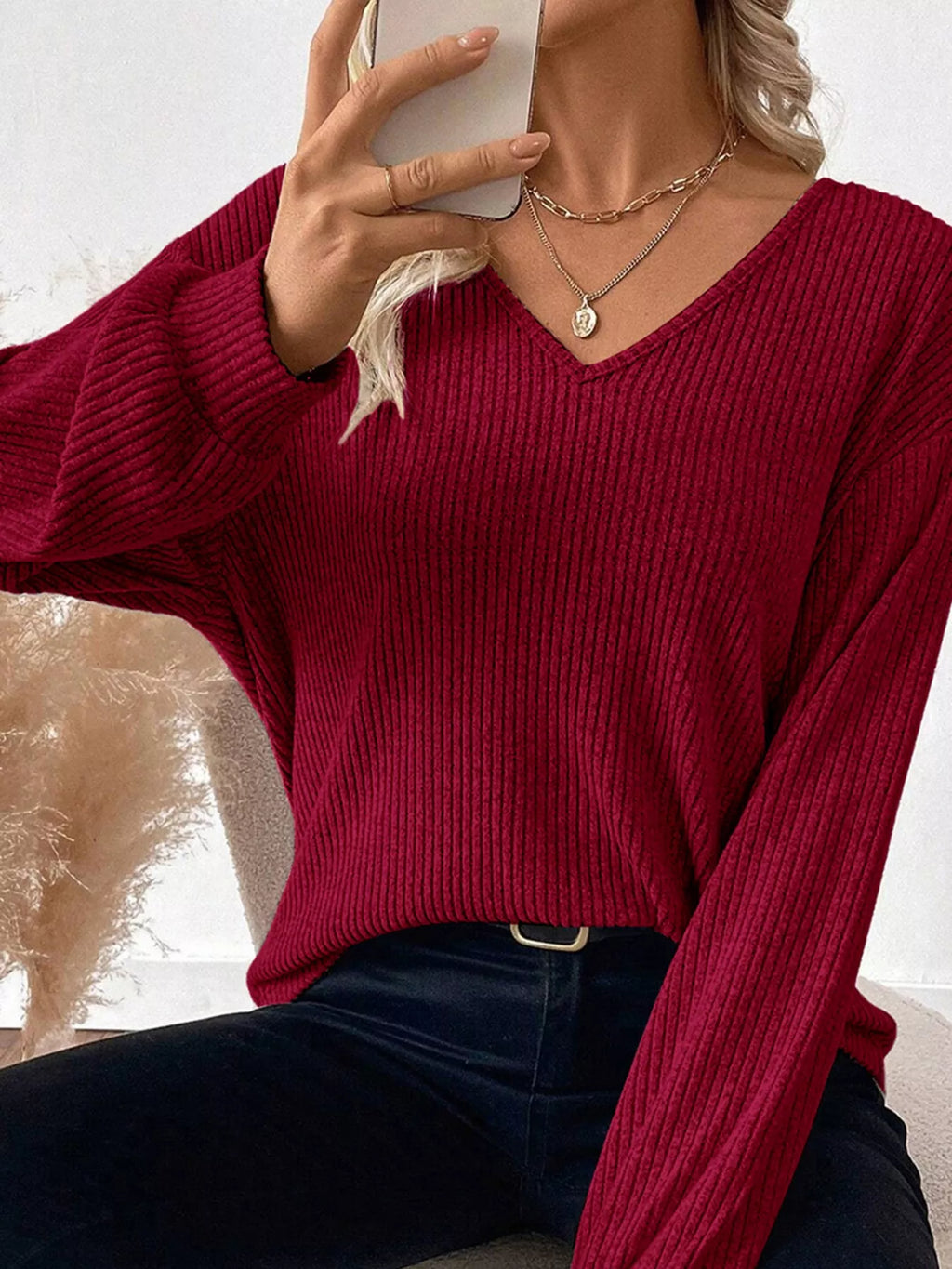 Ribbed V Neck Contrast Ribbon Bow Back Drop Shoulder Long Sleeve Top