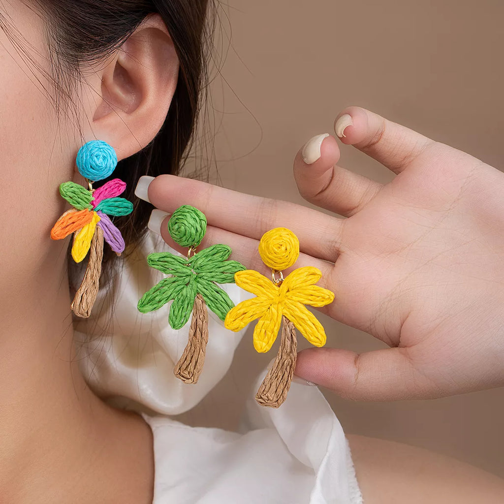 Colorful Woven Flower Drop Earrings