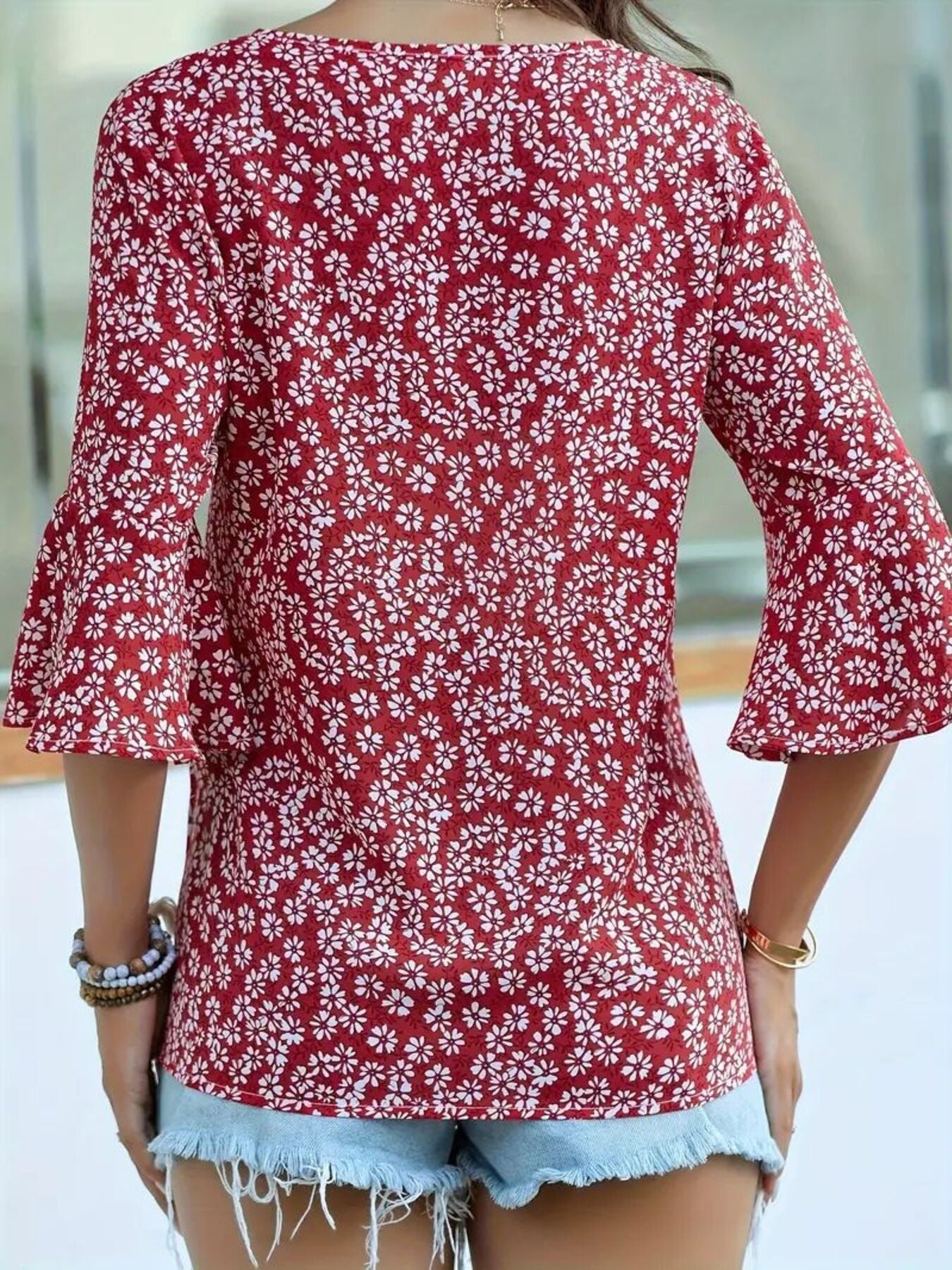 Floral Print V-Neck Bell Sleeve Blouse
