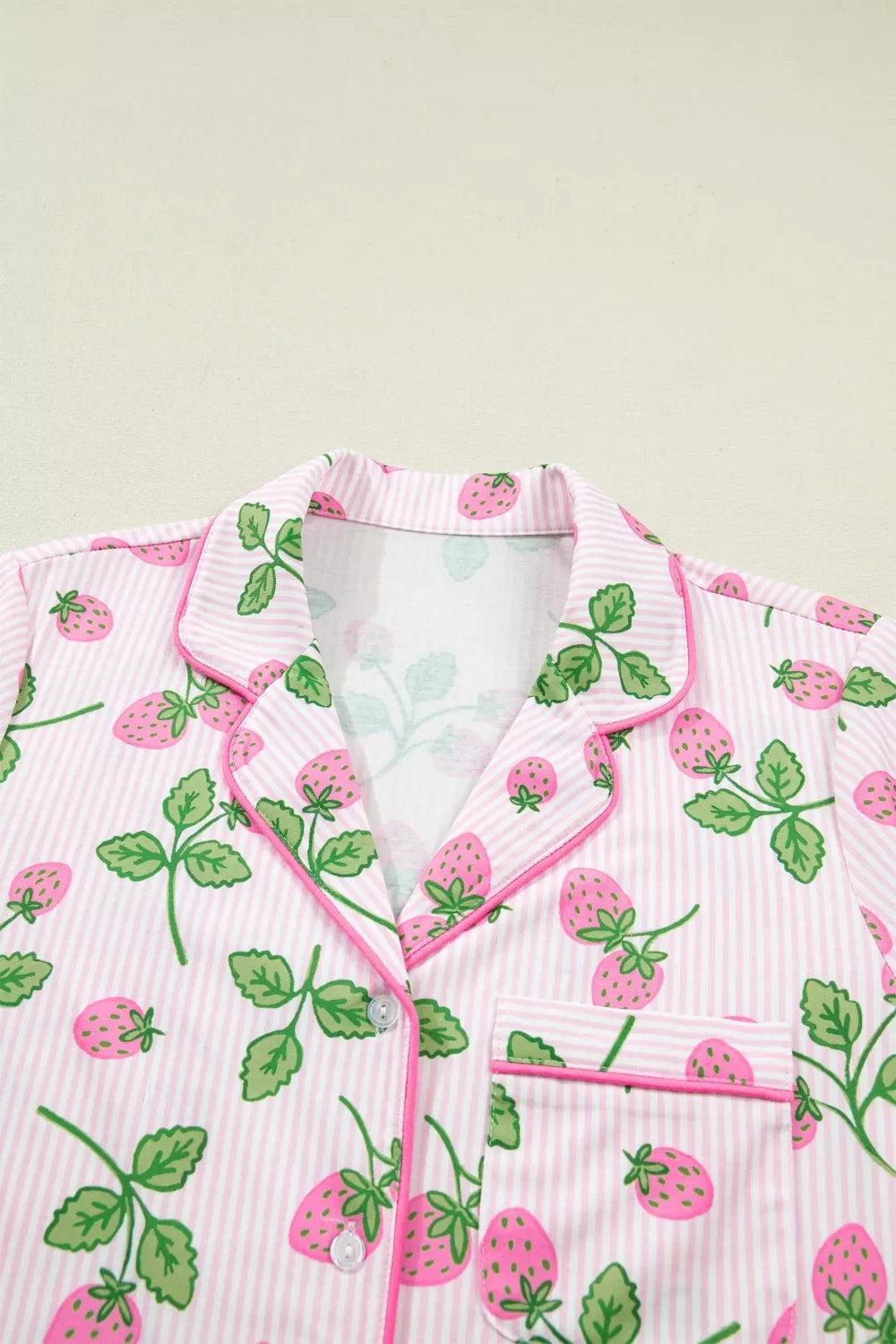 Striped Strawberry Print Lapel Shirt Drawstring Shorts 2pcs Pajama Set