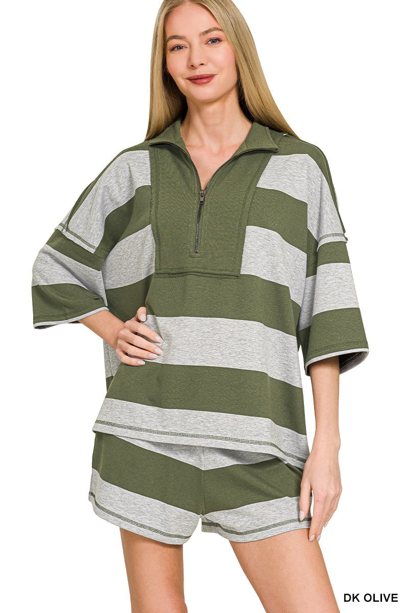 Zenana Frenchterry Striped Half Zip Top & Shorts Set