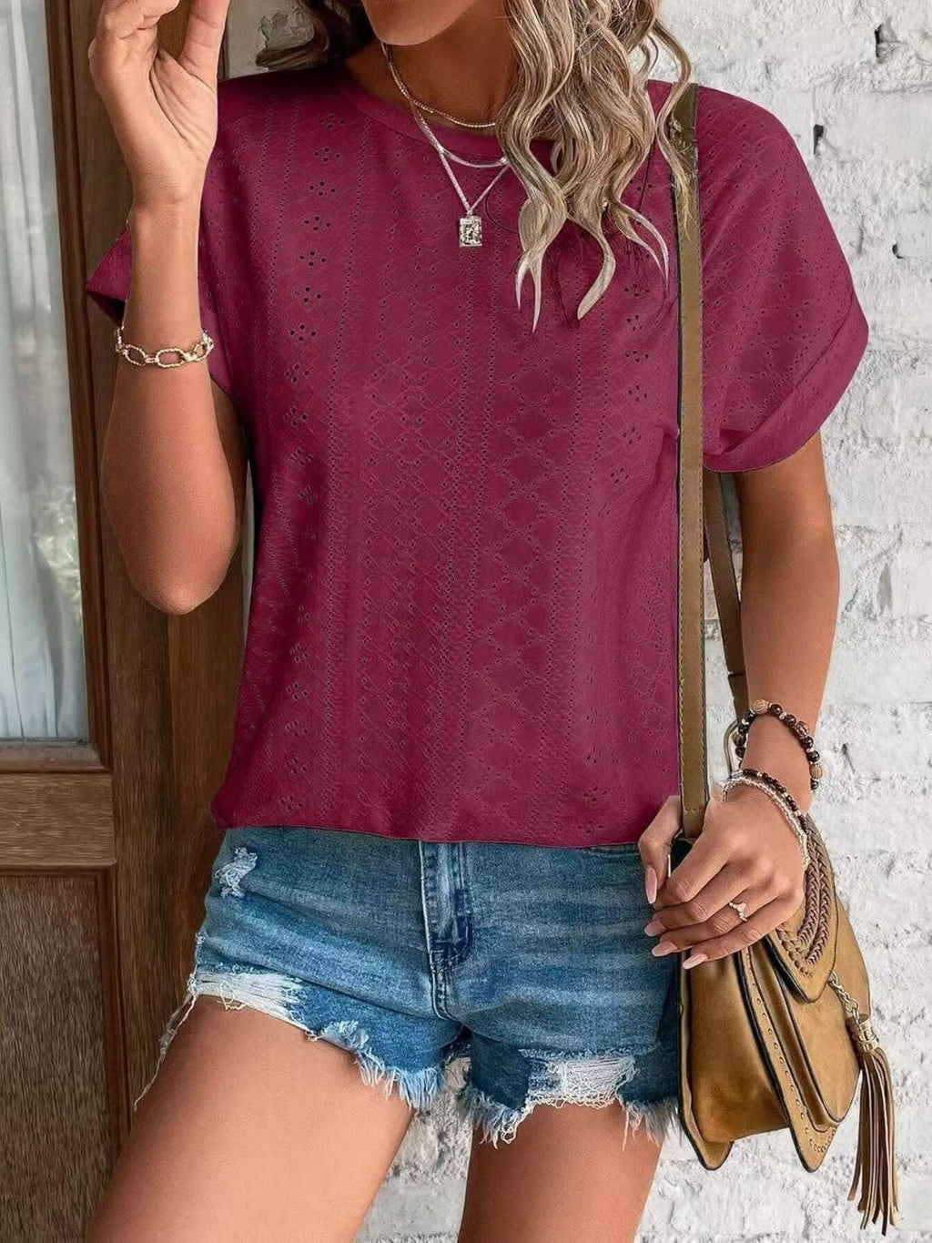 Eyelet Round Neck Short Sleeve Top