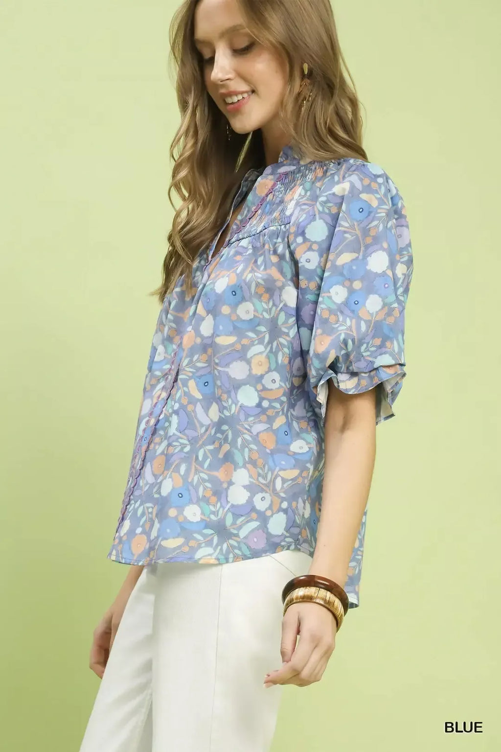 Umgee Smocked Floral Ruffle Trim Top
