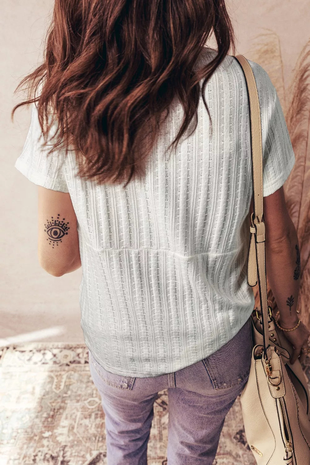 Ribbed Knit Button Detail V-Neck T-Shirt