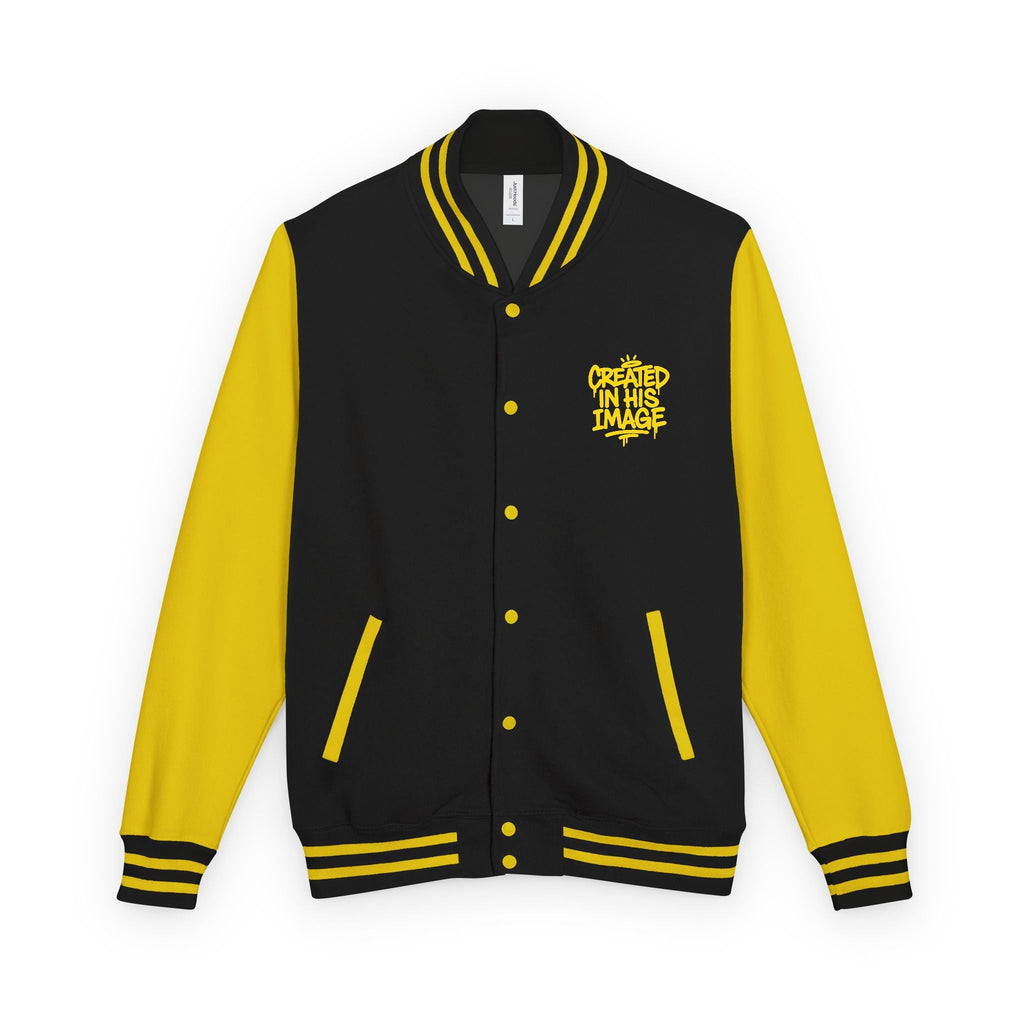 Created In His Image Varsity Jacket — Black & Yellow Inspirational Letterman