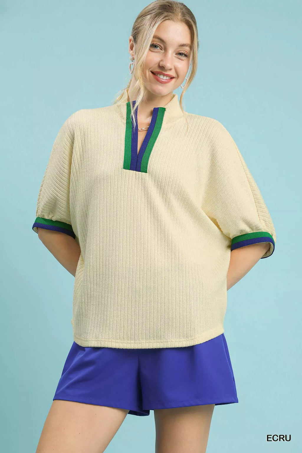 Umgee Textured Knit Top with Striped Contrast Trim