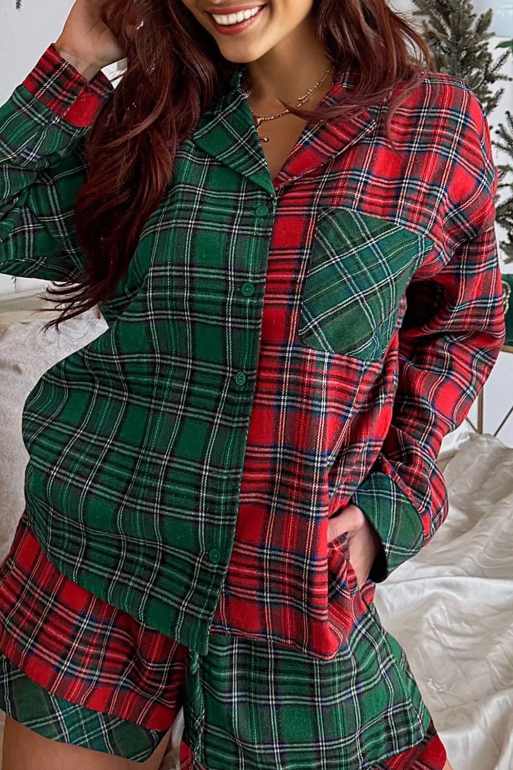 Plaid Contrast Patched Christmas Holiday Long Sleeve Shirt and Short 2pcs Pajama Set