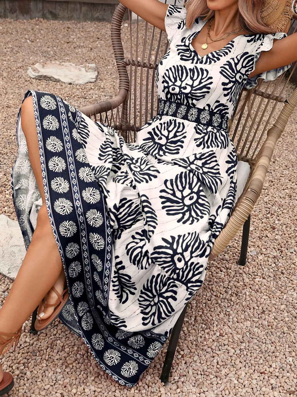 Printed V-Neck Cap Sleeve Maxi Dress
