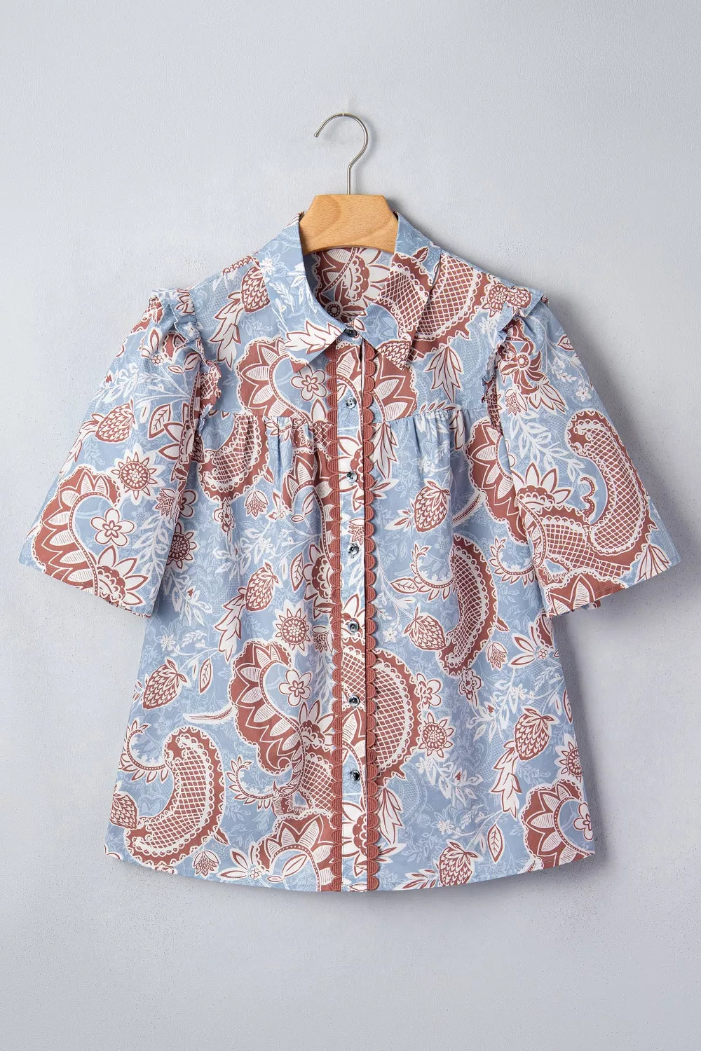 Floral Print Scalloped Trim Button Down Short Sleeve Shirt