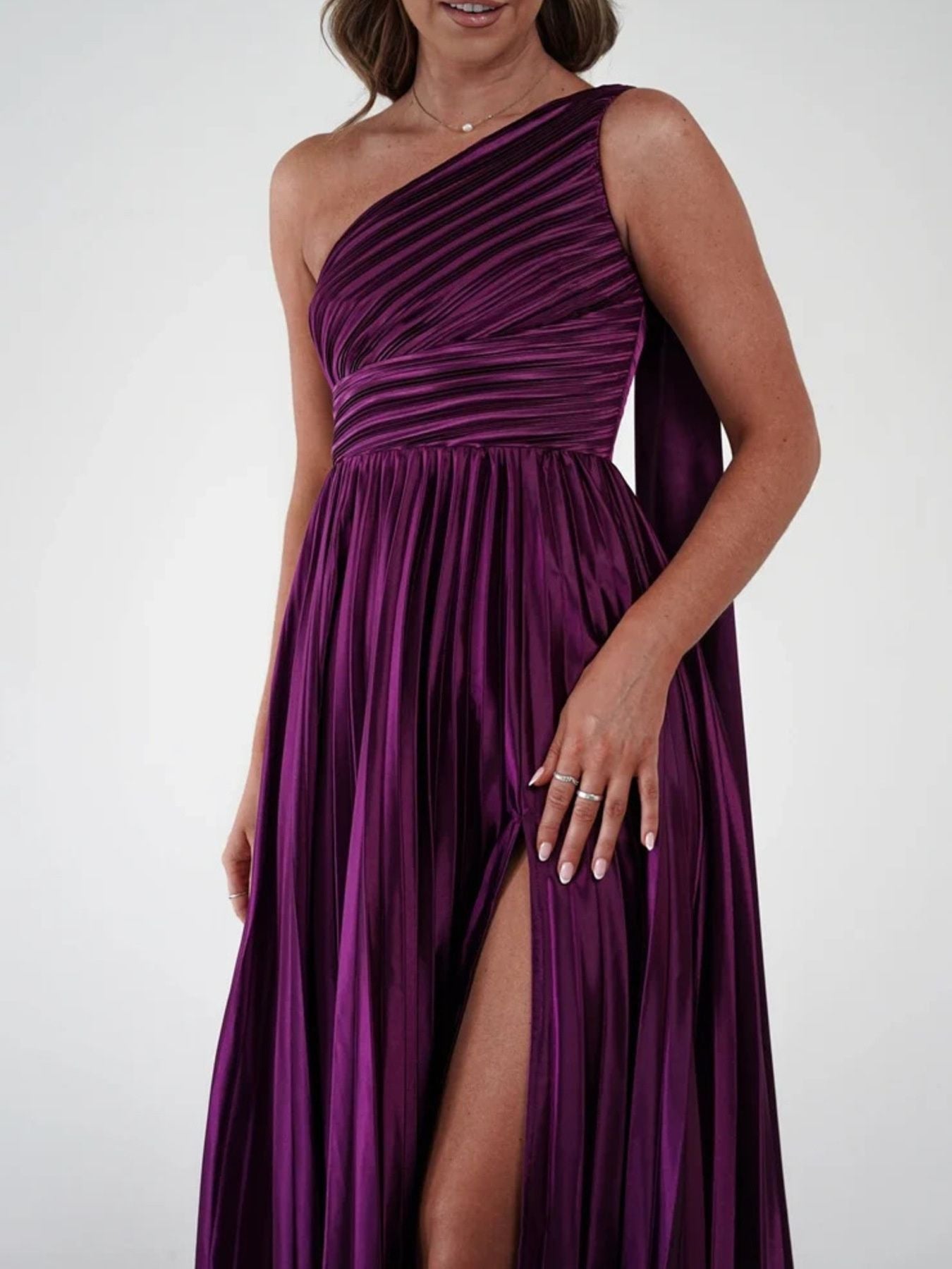 One-Shoulder Pleated Slit Maxi Dress