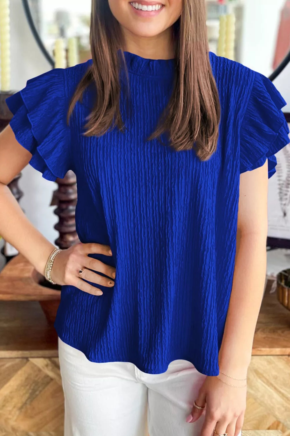 Solid Color Textured Ruffle Trim Short Sleeve Blouse