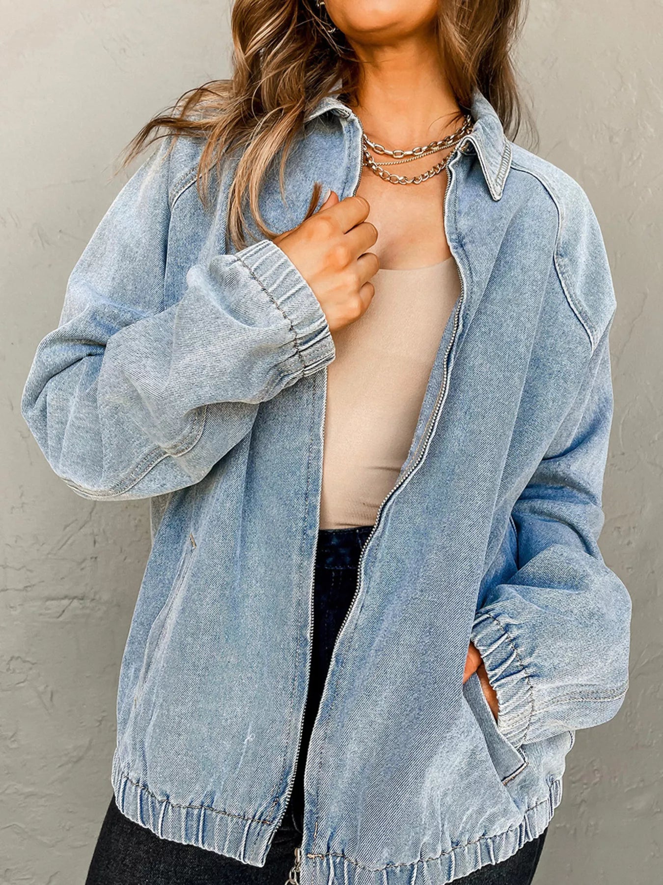 Elastic Edge Collared Zip Up Denim Jacket With Pocket