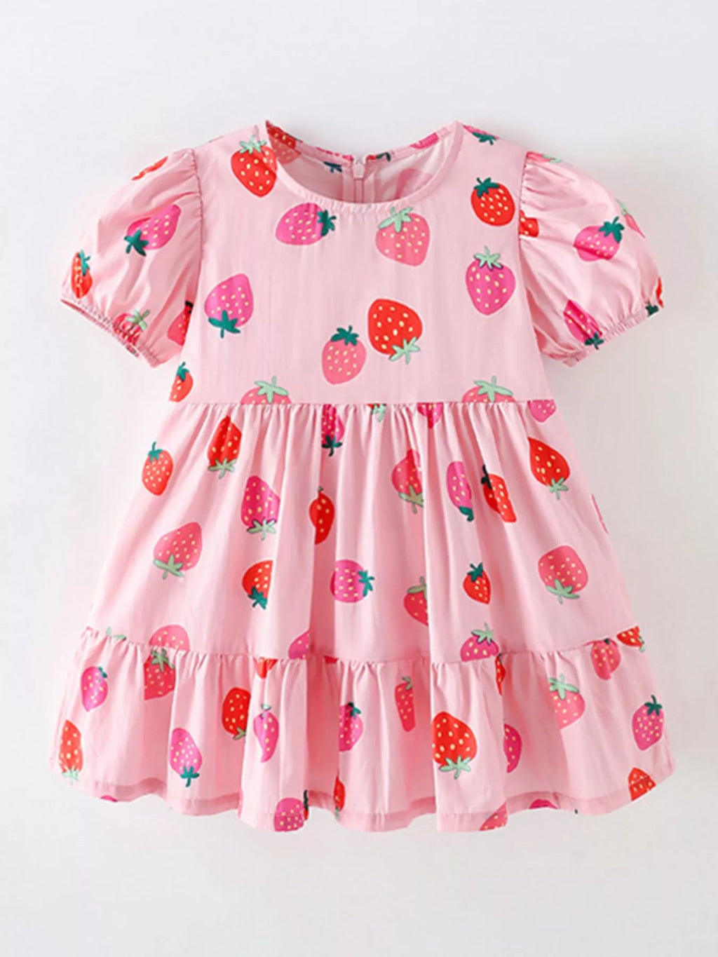 Children's Strawberry Print Tiered Puff Sleeve Dress