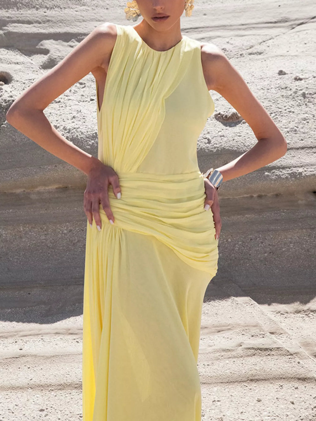 Sleeveless Ruched High-Slit Maxi Dress