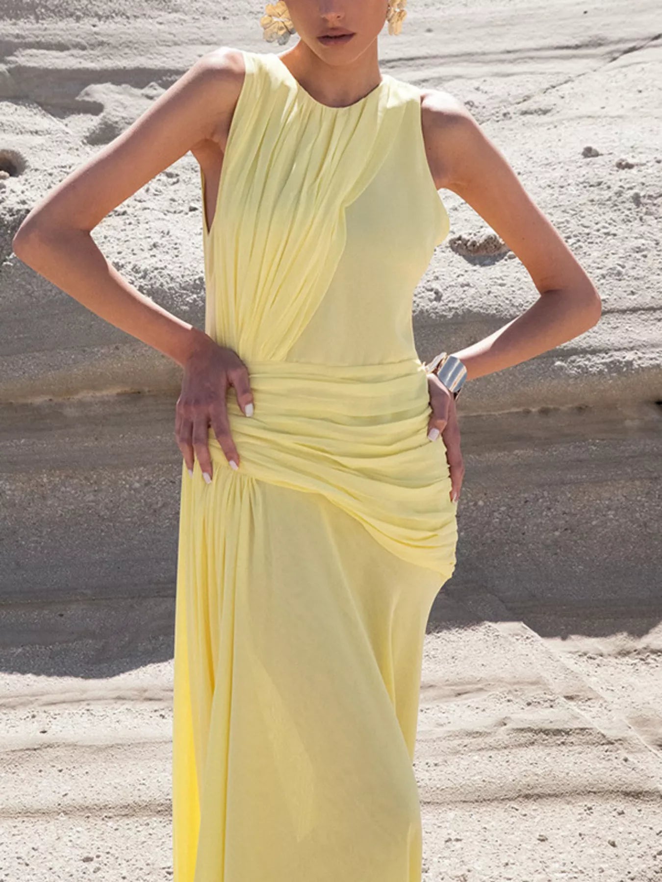 Sleeveless Ruched High-Slit Maxi Dress