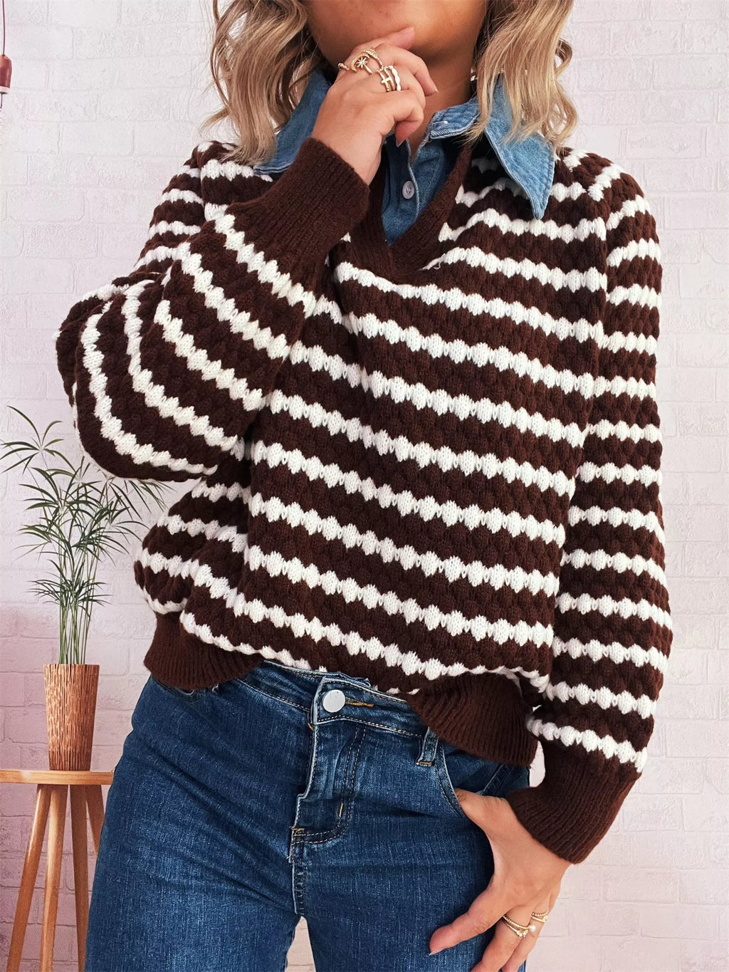 Contrast Striped Sweater with Denim Collar