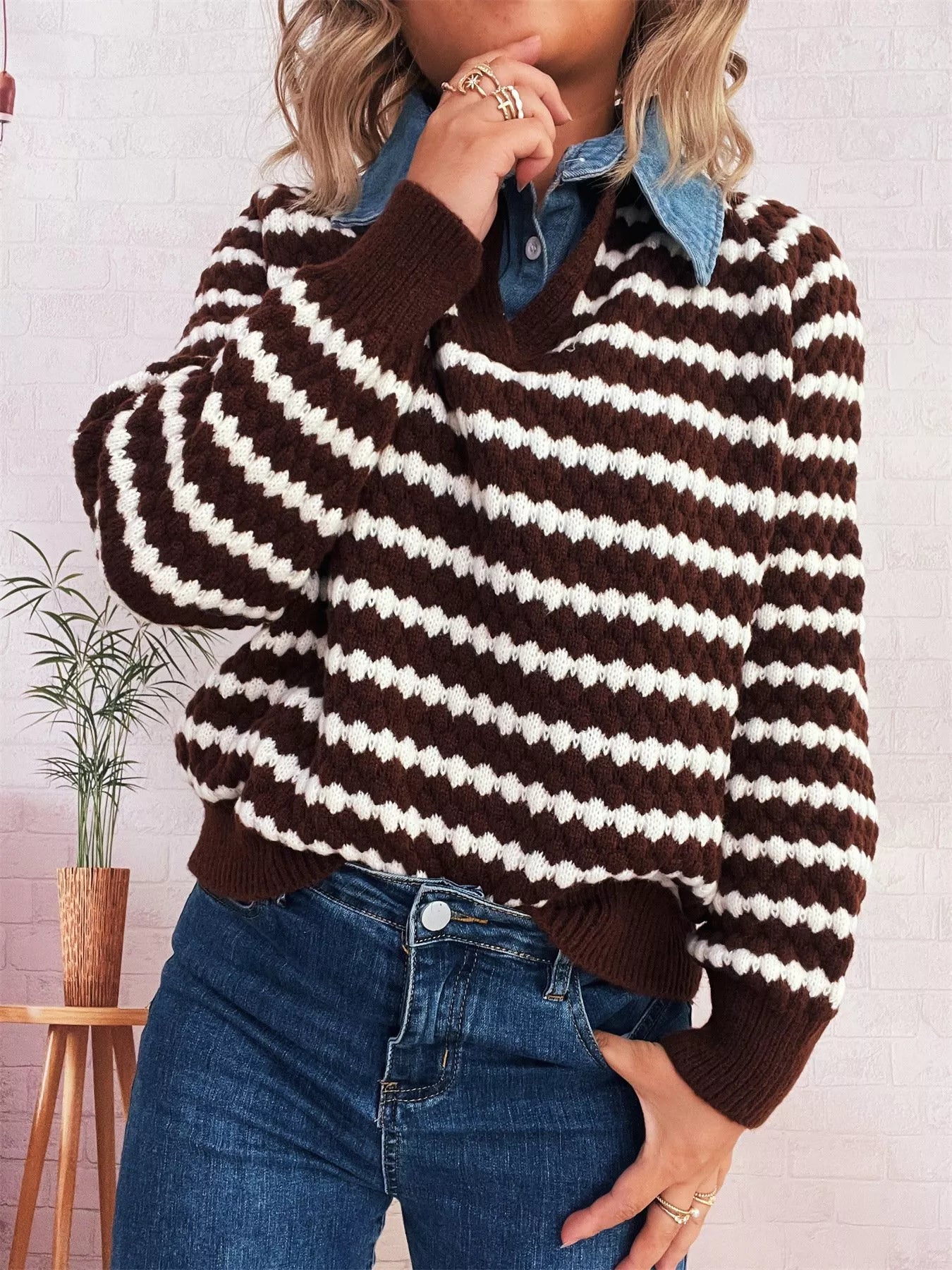 Contrast Striped Sweater with Denim Collar