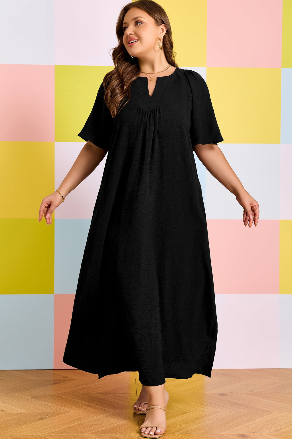 Plus Size Solid Notched Neck Short Sleeve Dress