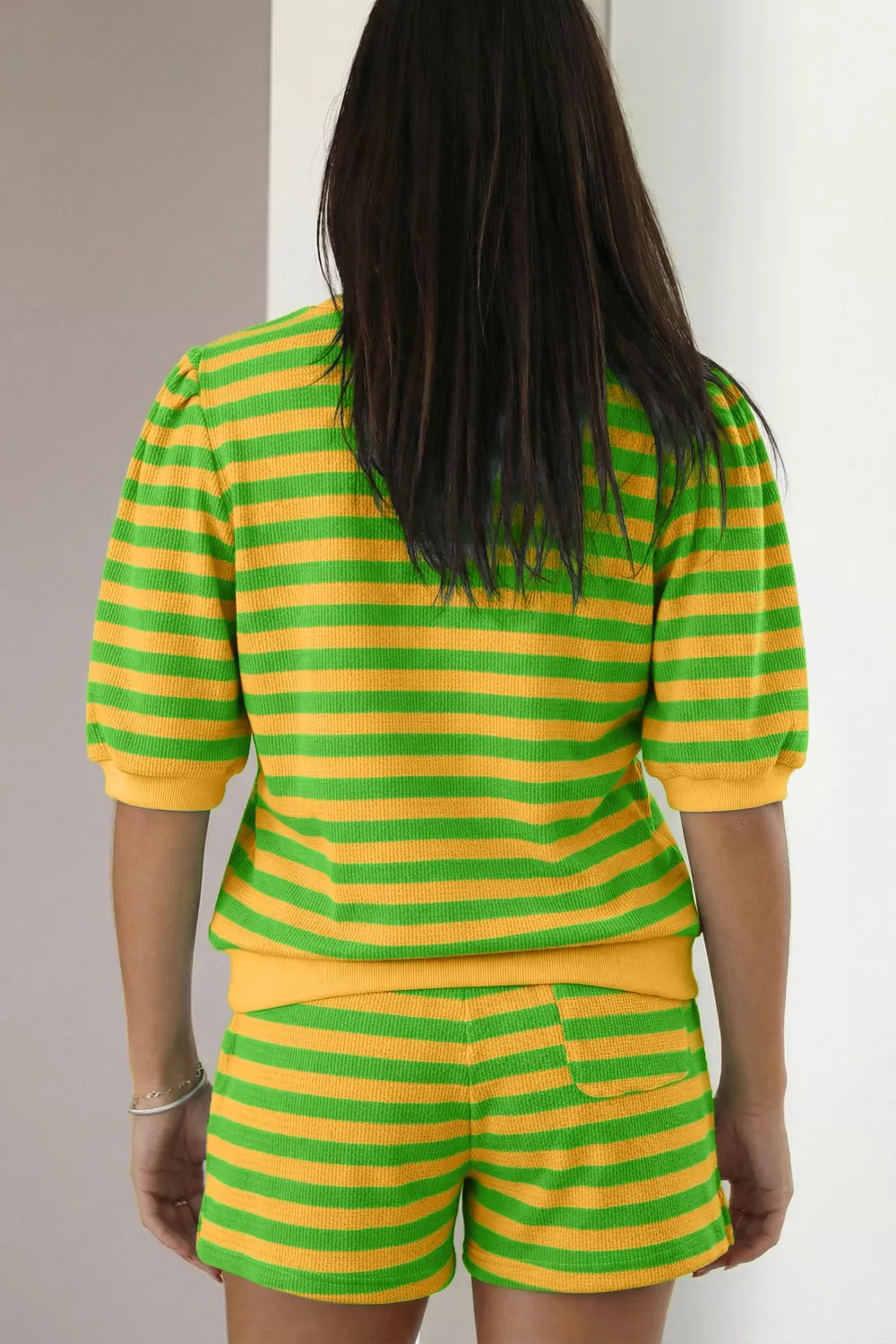 Striped Puff Sleeve Top and Drawstring Shorts Set