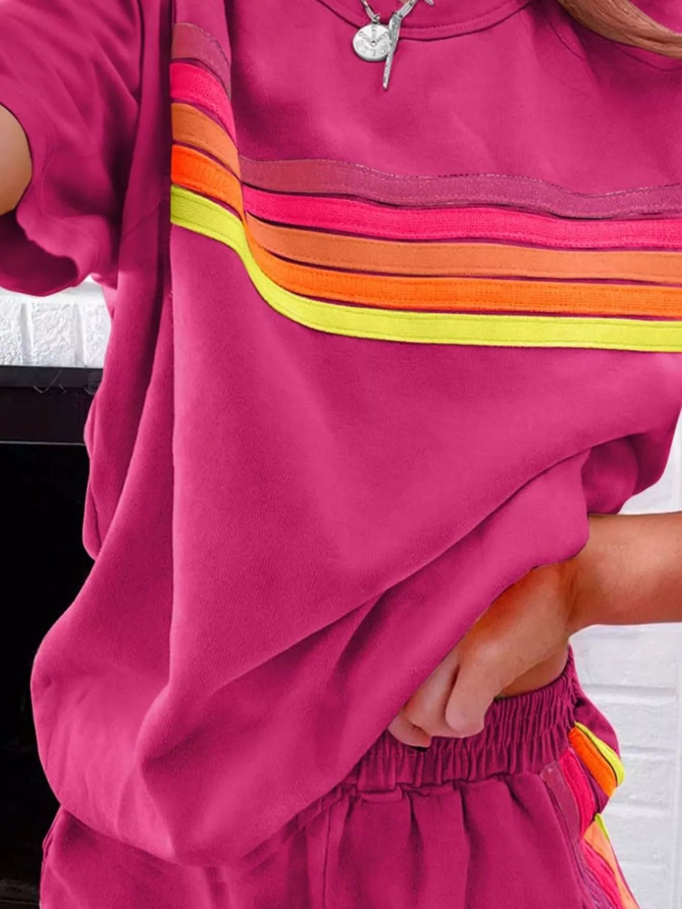 Rainbow Striped Round Neck Top and Shorts Set