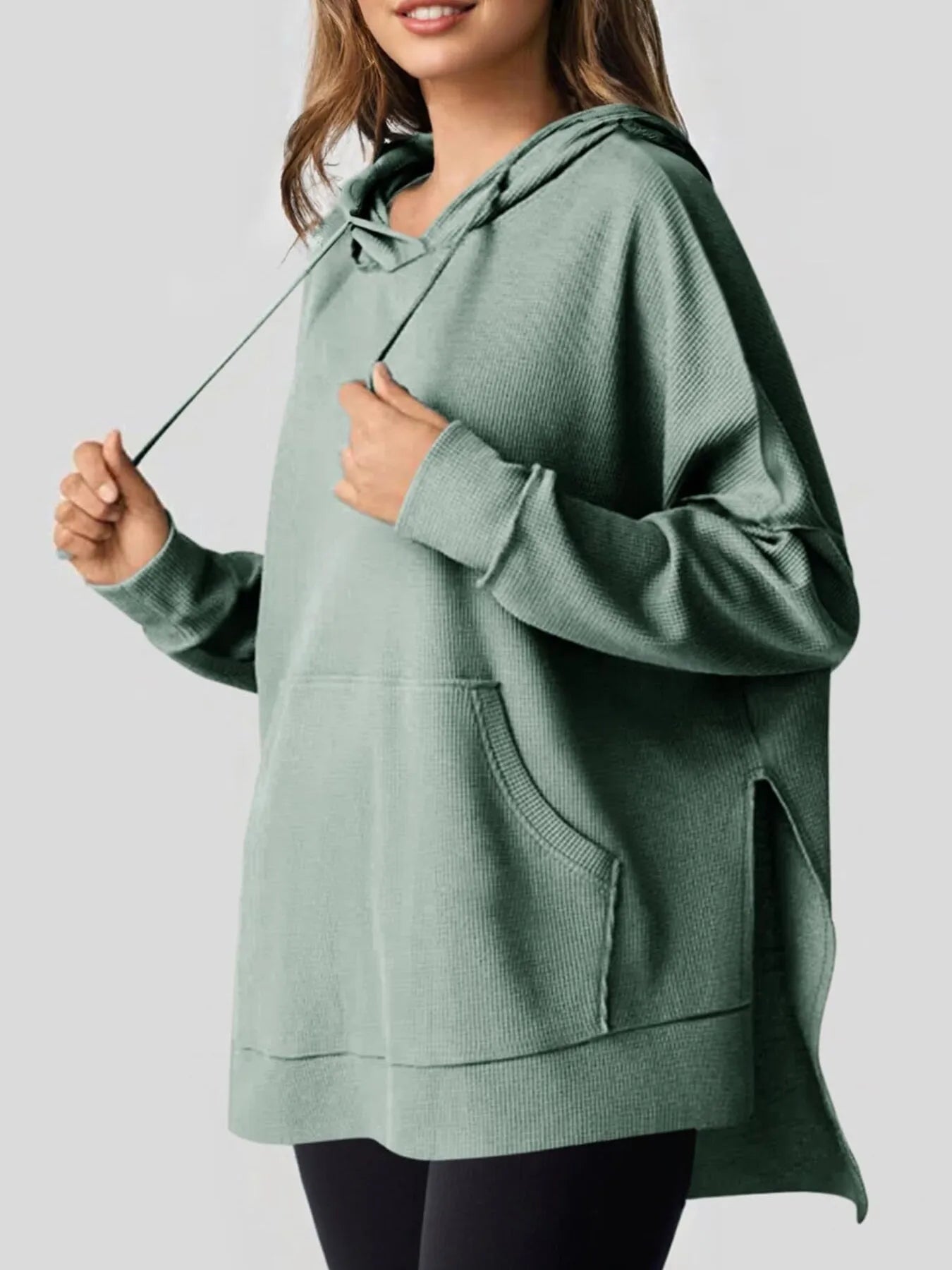 Slit Drawstring Waffle Knit Hoodie