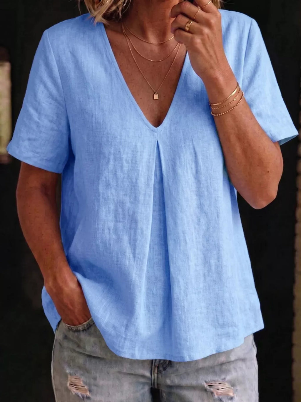 Full Size V-Neck Pleated Short Sleeve Blouse Plus Size
