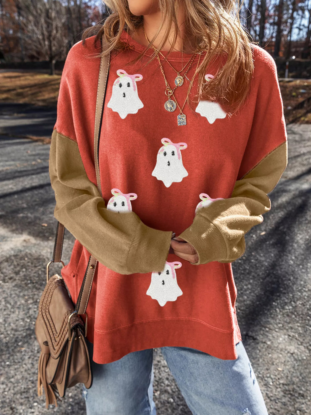 Halloween Glitter Ghost Patched Pattern Color Block Sweatshirt