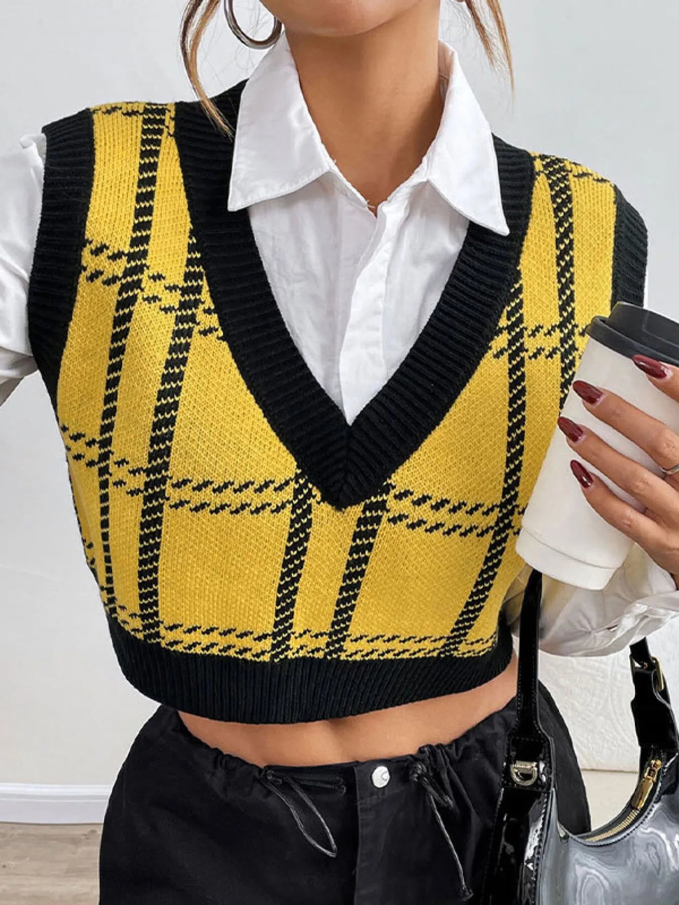 Plaid V-Neck Cropped Sweater Vest