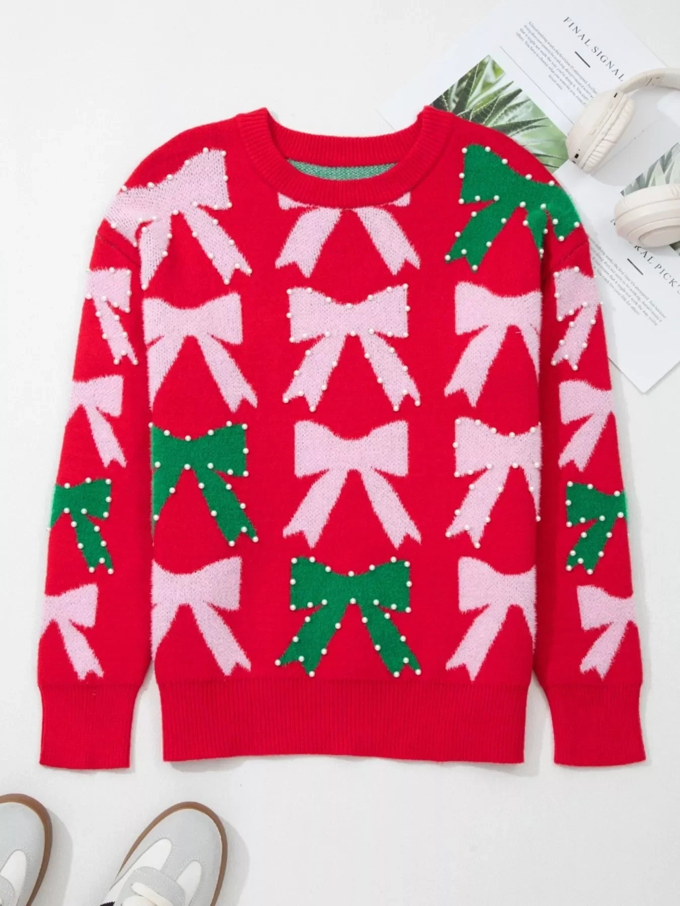 Bow Pearl Embellished Christmas Holiday Sweater