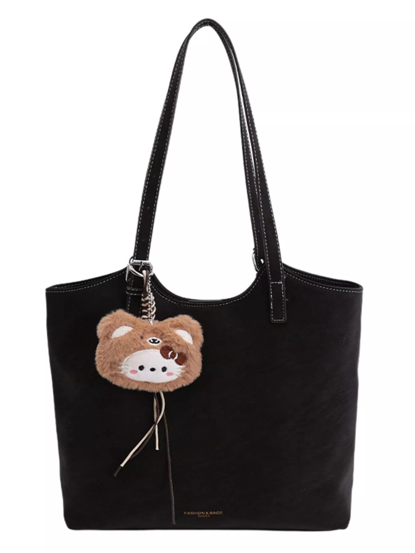 Solid Color Handbag with Plush Charm