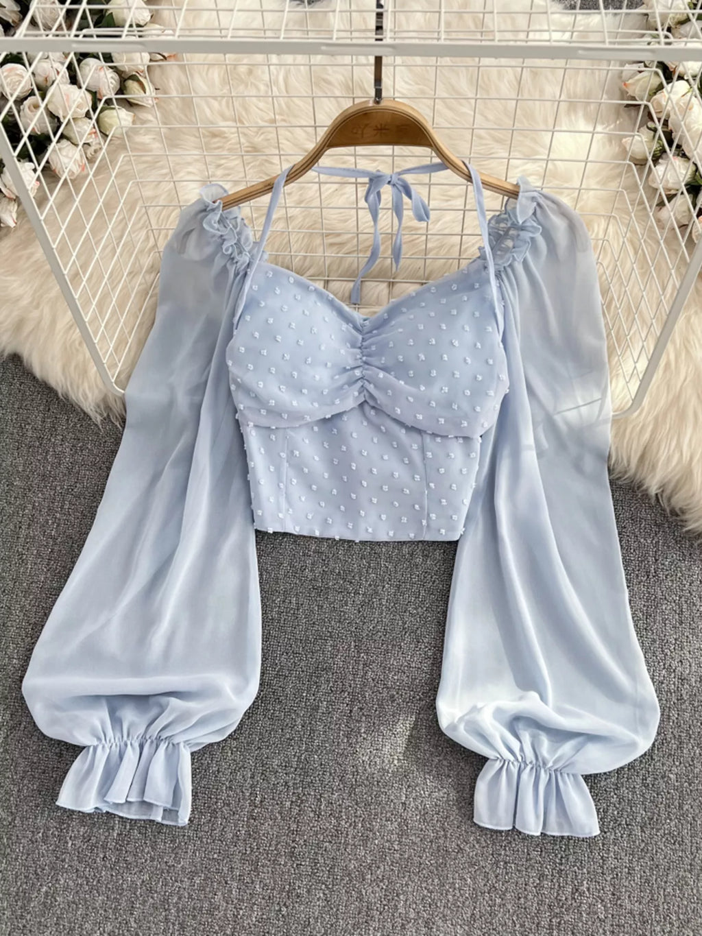 Swiss Dot Flounce Sleeve Blouse