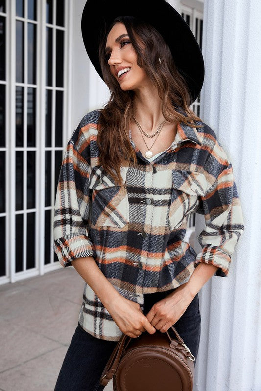 Geometric Plaid Print Pocketed Shirt for Women