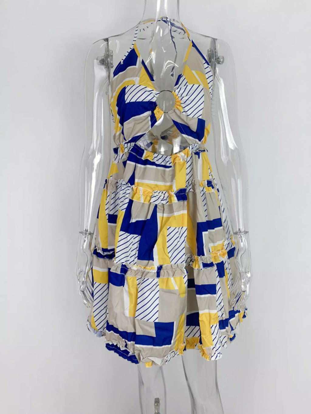 Colorful Print Halter Neck Ruffle Mini Dress