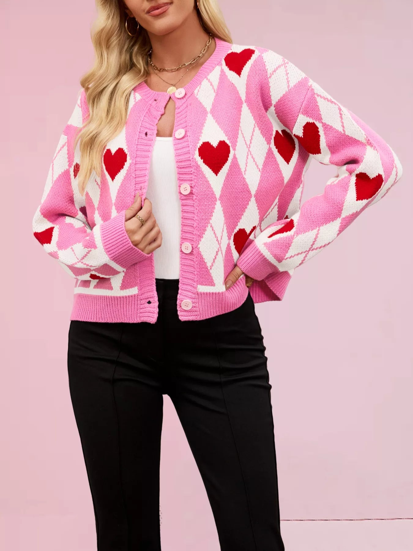 Heart Pattern Button-Up Cardigan
