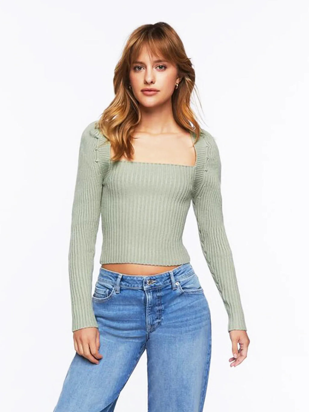 Ribbed Square Neck Long Sleeve Sweater