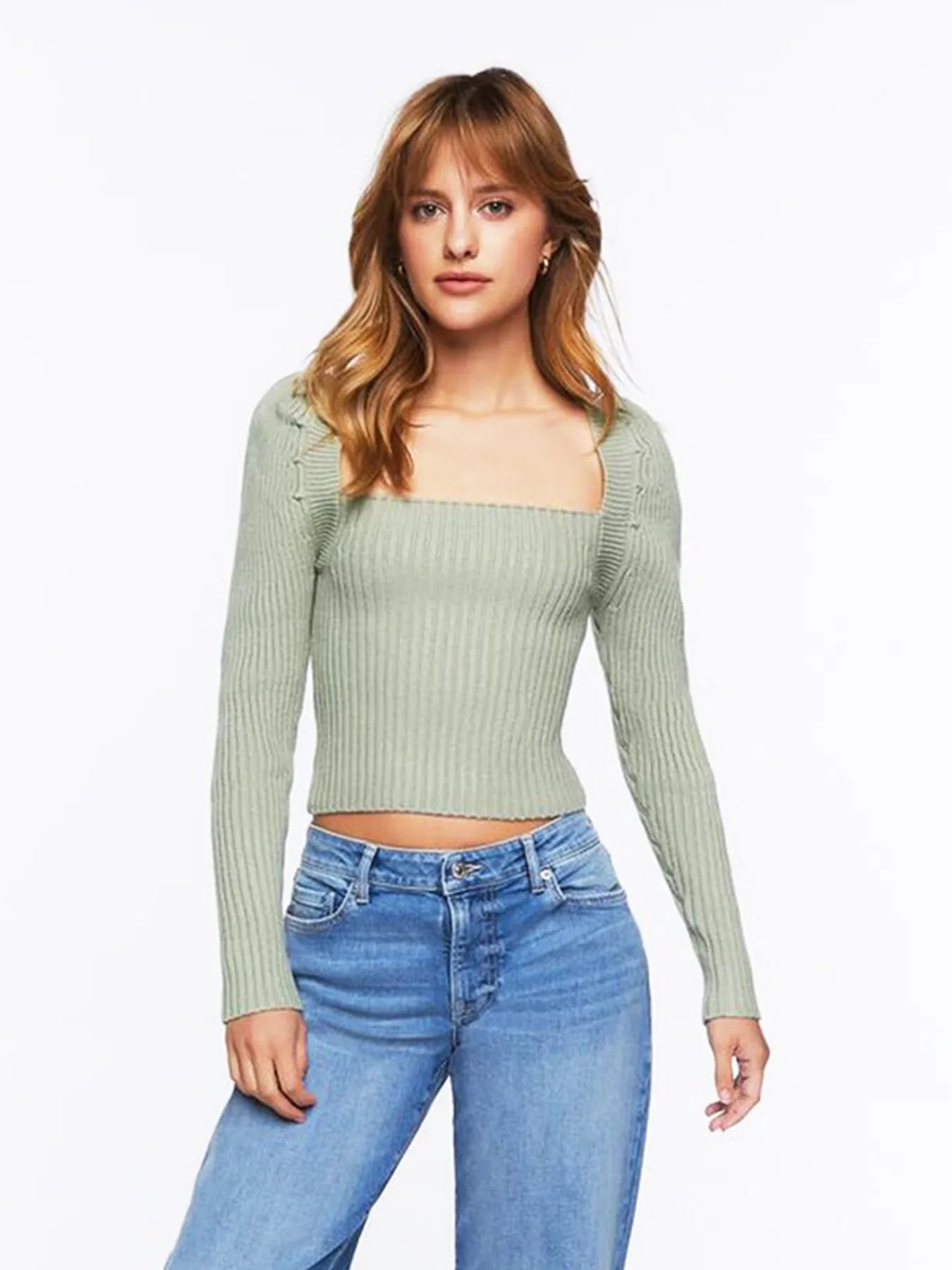 Ribbed Square Neck Long Sleeve Sweater