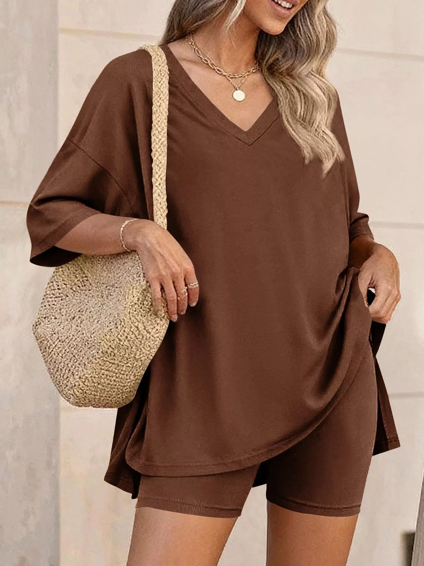 Full Size Casual Loose V-Neck T-Shirt & Shorts Set Plus Size