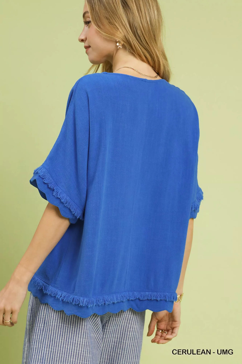 Umgee Linen Frayed Hem Scallop Edge Top