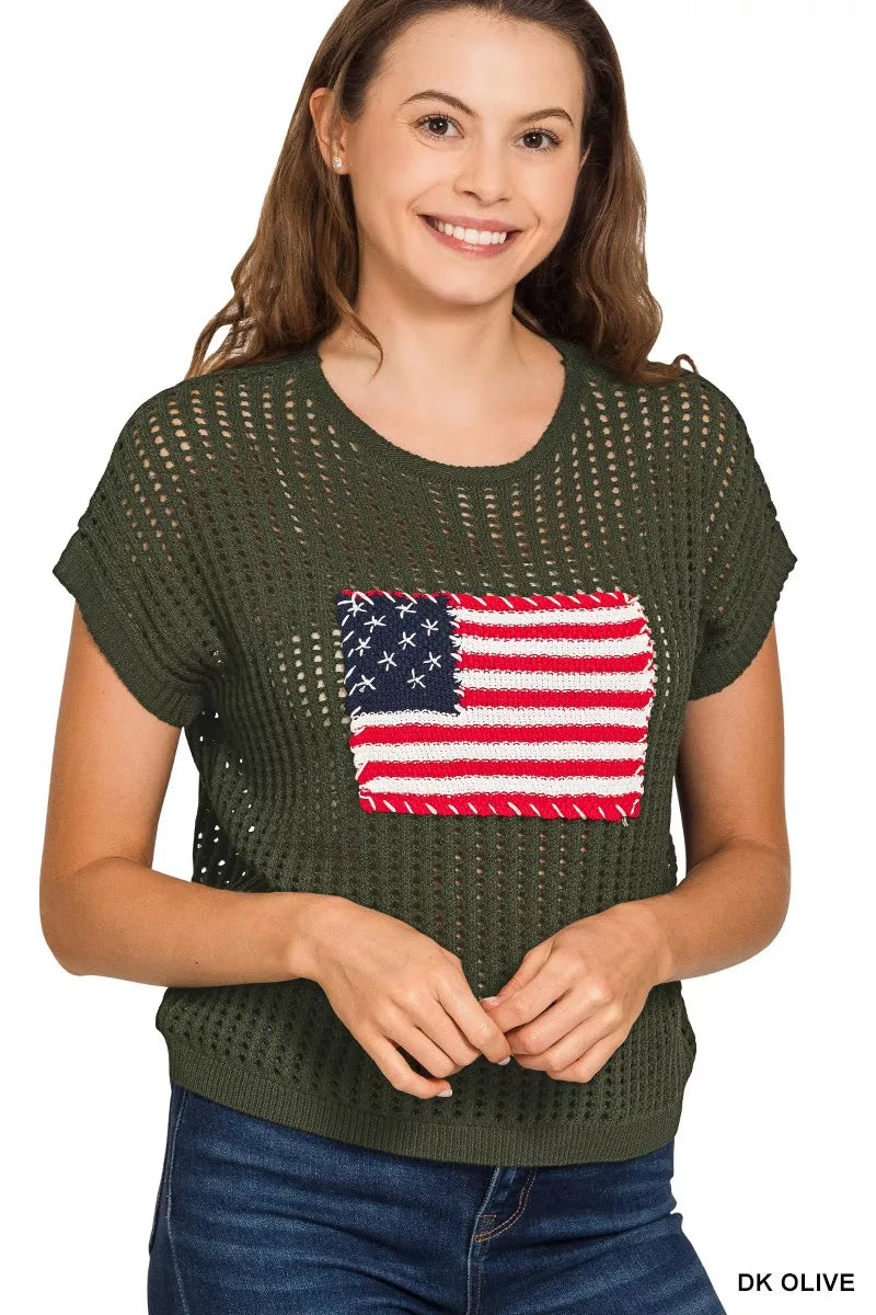 Zenana Viscose American Flag Openwork Knit Top