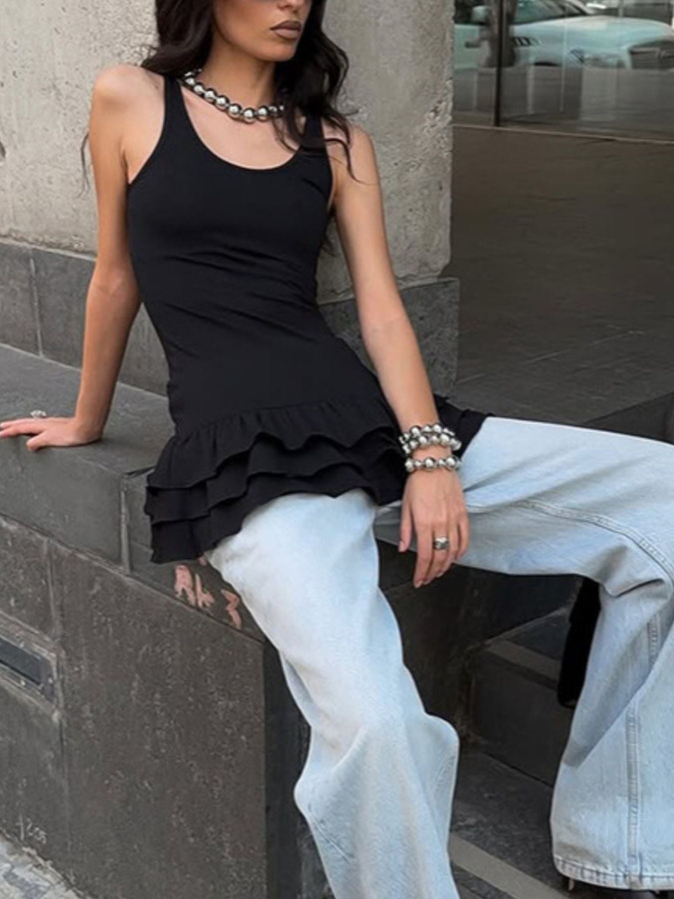 Ruffled Hem Round Neck Tank