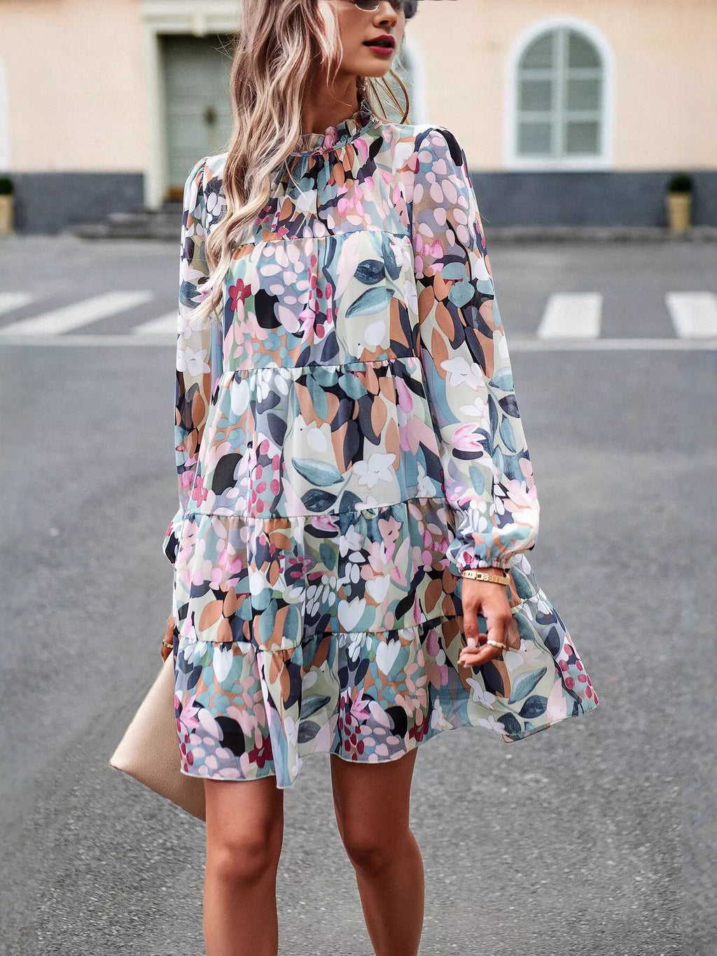 Printed Long Sleeve Mini Dress