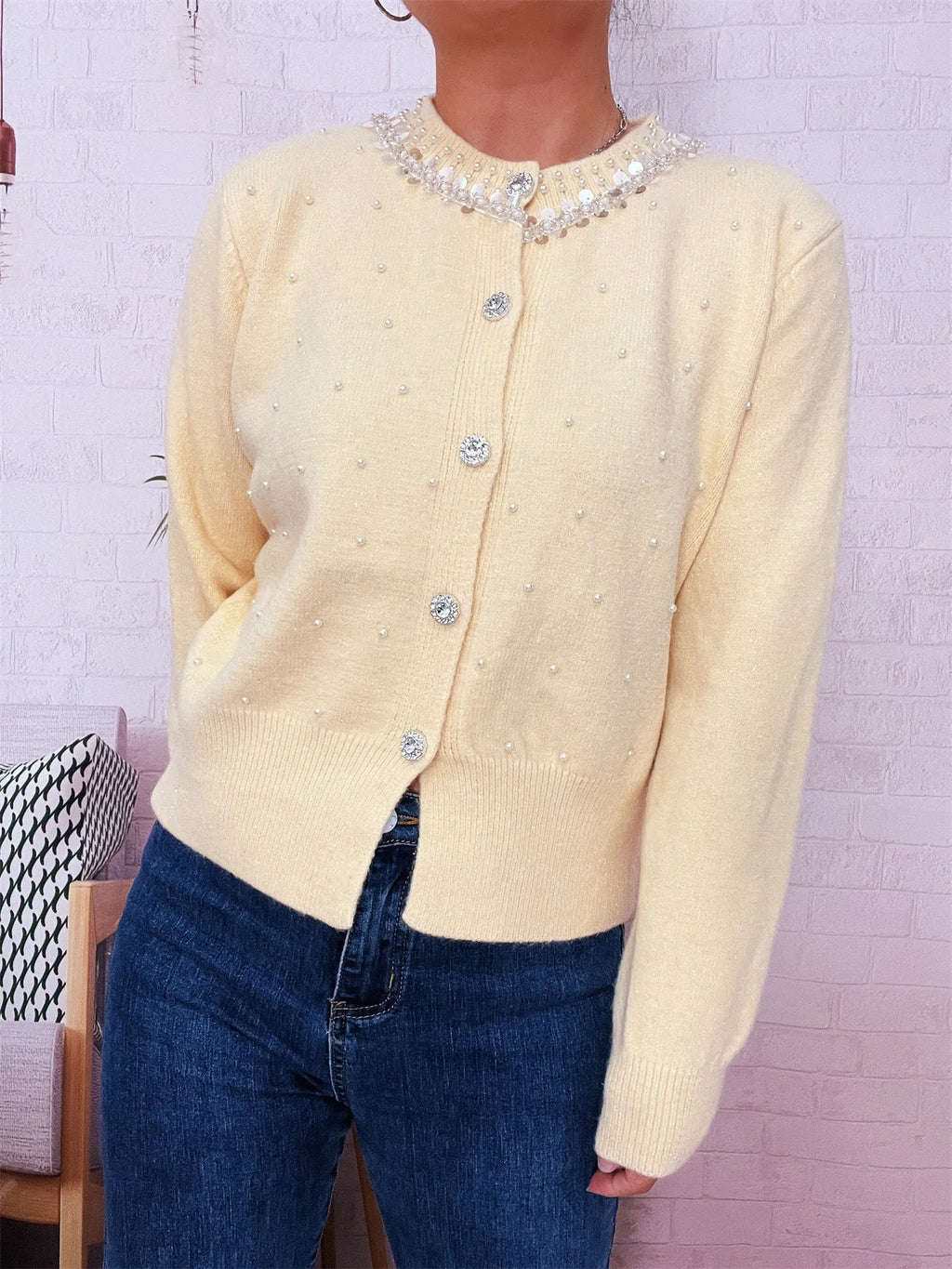Pearl Detail Button-Front Cardigan