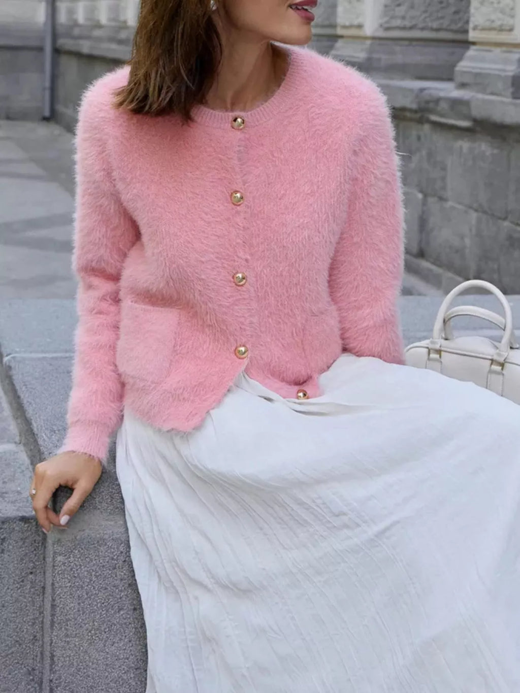 Fluffy Knit Button Up Cardigan