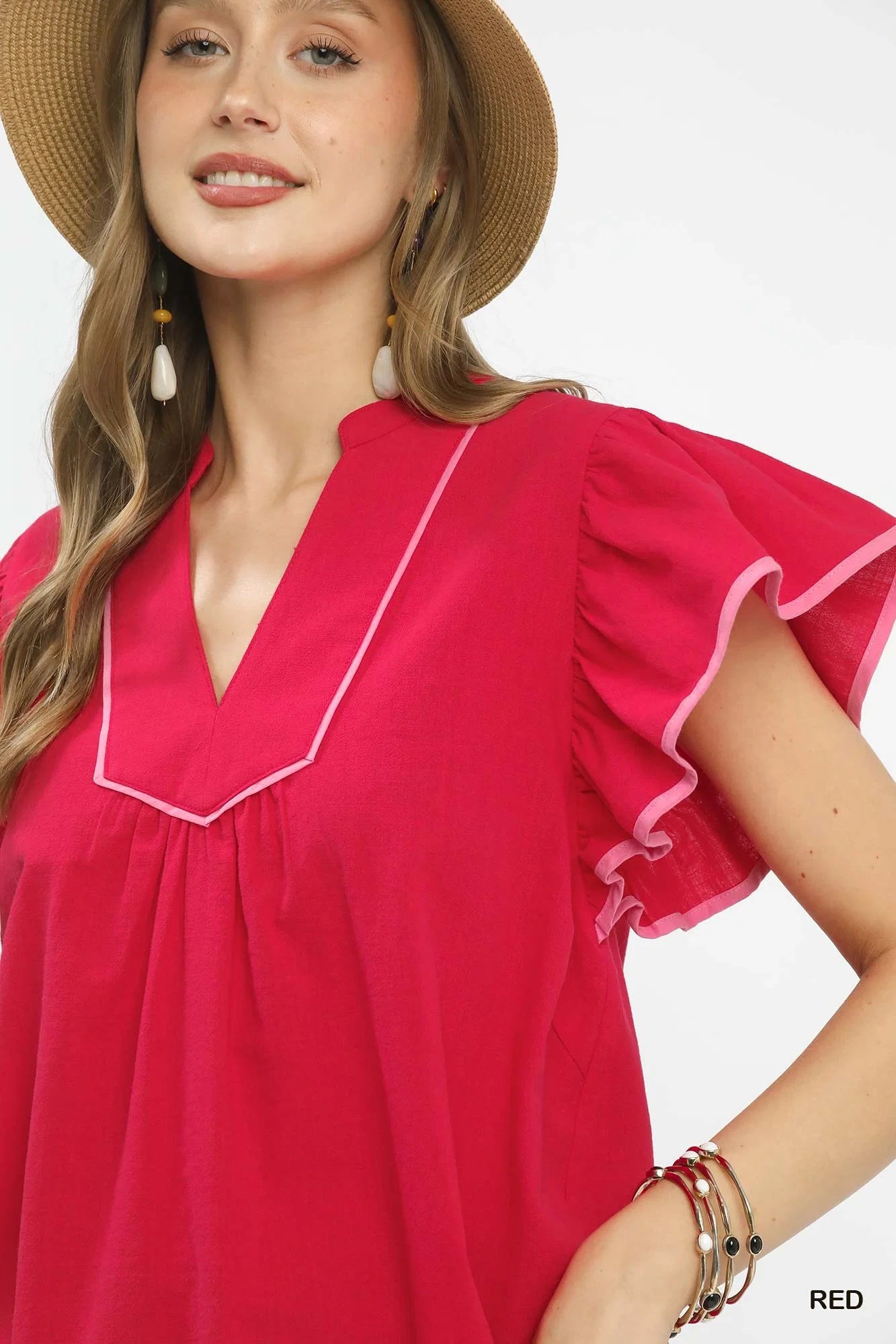 Umgee Contrast Trim Babydoll Blouse